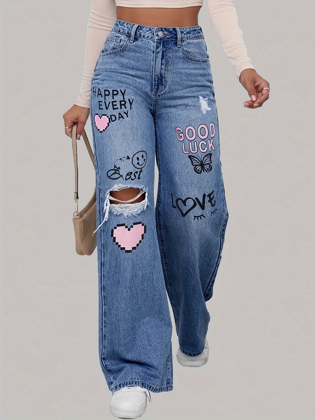 Dames Jeans met Grappige Hartjes en Kleurrijke Prints - Mode Vibes