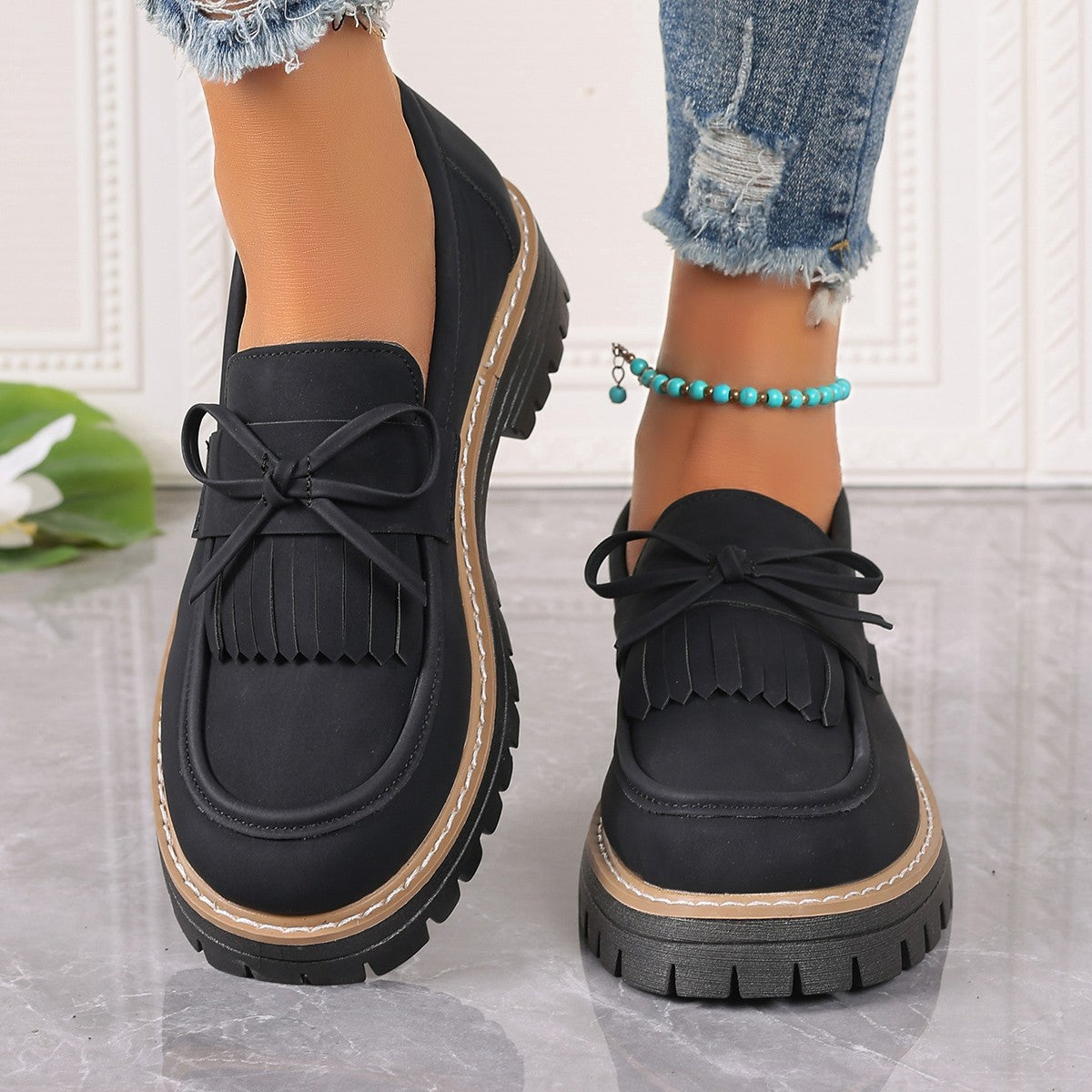 Dames Loafers met Strik en Franje Dikke Zool
