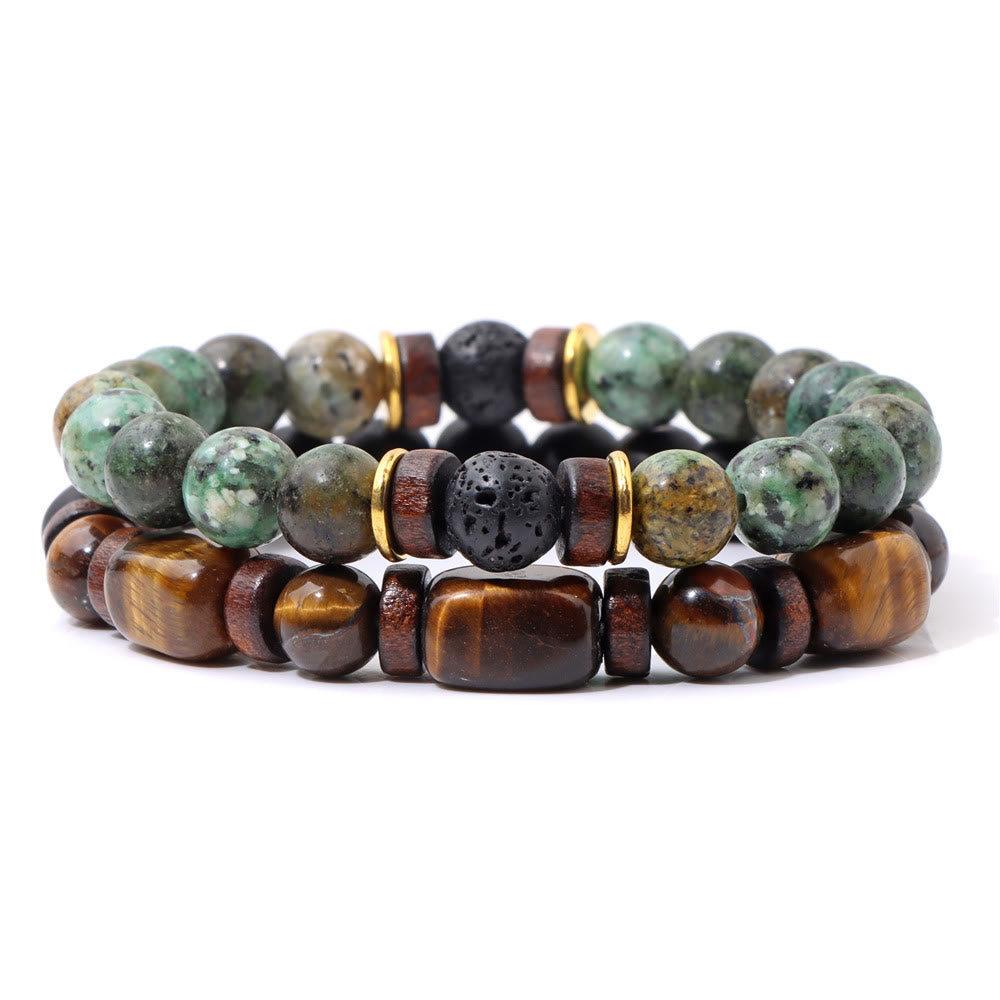 Turkoois Armband met Tijgeroog Edelsteen Zwart Lederen Band
