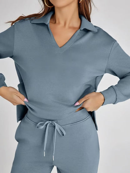 Dames Tweedelige Set met V-Hals Sweatshirt en Wijde Broek – Comfortabel & Stijlvol – Voor Herfst/Winter