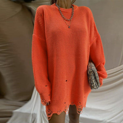 Dames Oversized Trui Ronde Hals met Destroyed Details Modieus