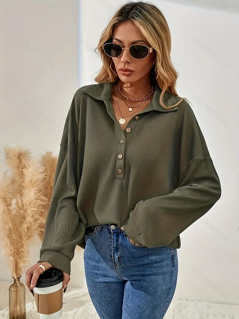 Vrouwelijke Blouse met Knoopsluiting en Geribde Stof - Mode Vibes