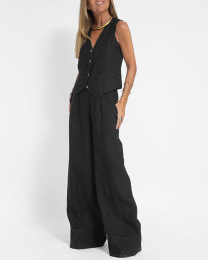 Linnen Set Wijde Broek en Vest voor Vrouw