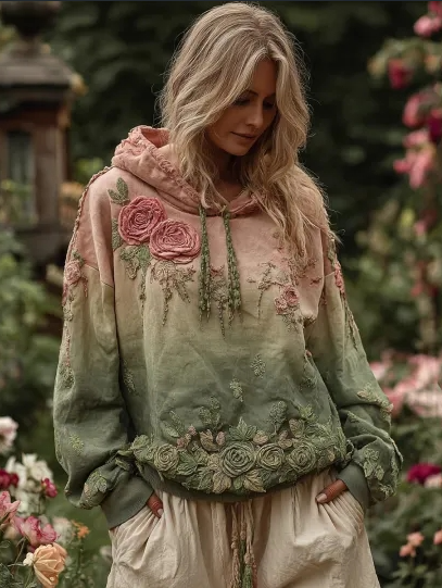 Dames Hoodie met Bloemen Print Vintage Stijl