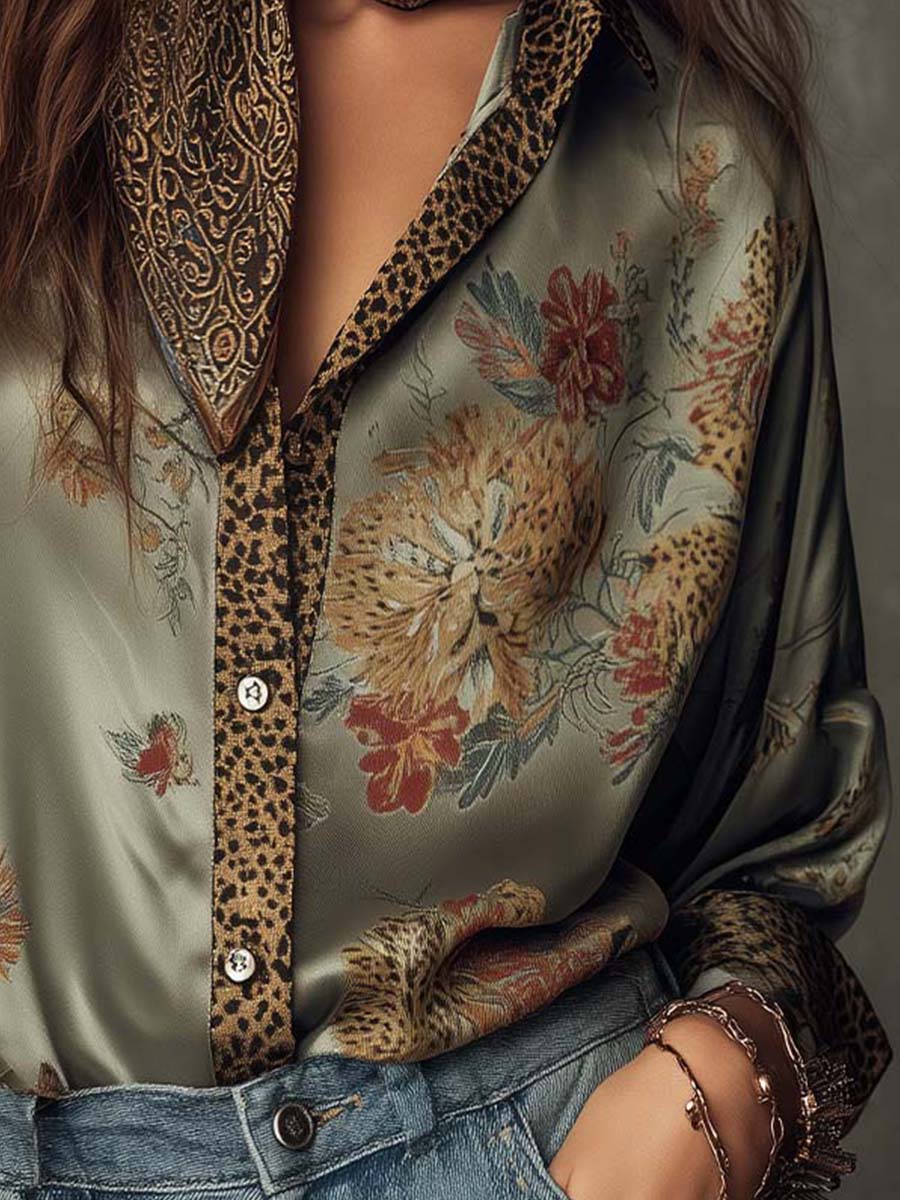 Satijnen Bloemenblouse met Luipaarddetails