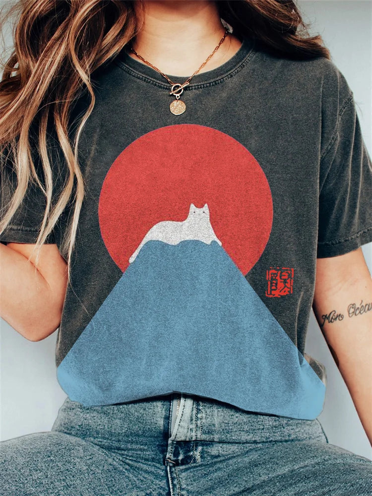 Katoenen T-shirt met Grappige Kat en Berg Print - Mode Vibes