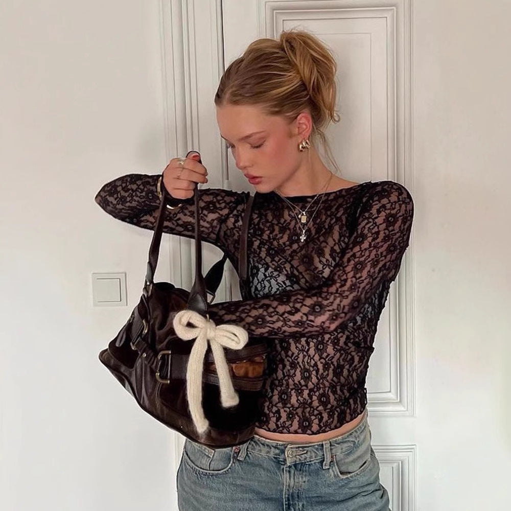 Dames Kanten Crop Top Lange Mouwen Elegante Stijl