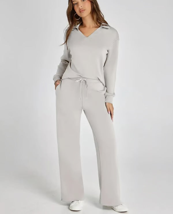 Dames Tweedelige Set met V-Hals Sweatshirt en Wijde Broek – Comfortabel & Stijlvol – Voor Herfst/Winter