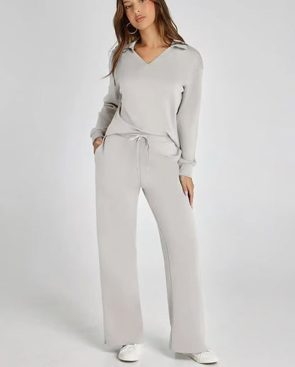 Dames Tweedelige Set met V-Hals Sweatshirt en Wijde Broek – Comfortabel & Stijlvol – Voor Herfst/Winter