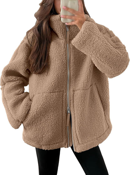 Dames Fleece Jas Warm en Stijlvol met Hoge Kraag en Zakken