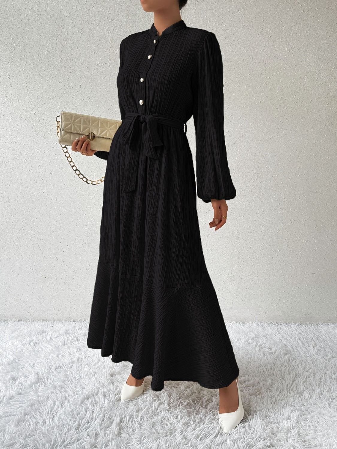 Vrouwelijke Jurk met Lange Mouwen en Taille Accent