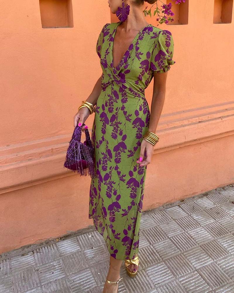 Lente Jurk Katoenmix Bladerenpatroon Zomerjurk Elegant