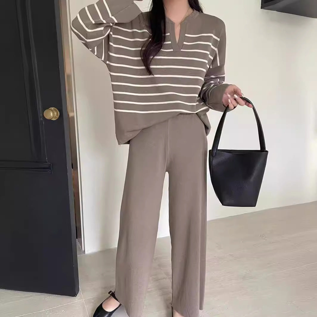 Dames Tweedelige Set Gebreid met Broek en Top Streepjes - Mode Vibes