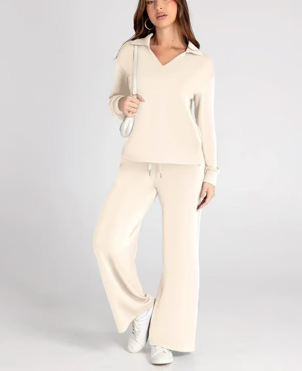 Dames Tweedelige Set met V-Hals Sweatshirt en Wijde Broek – Comfortabel & Stijlvol – Voor Herfst/Winter