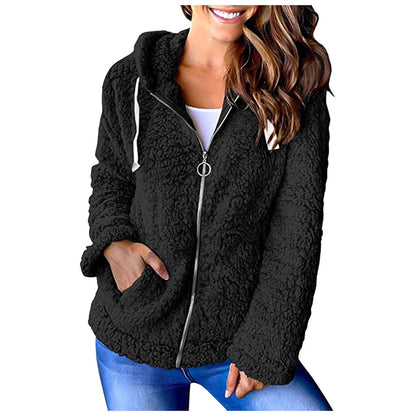 Dames Fleece Hoodie Rits Zakken Elegant Zwart