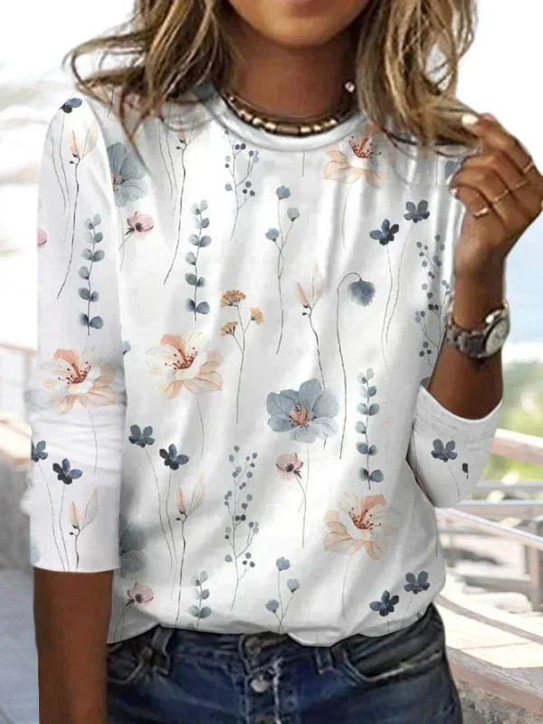 Dames Gebreid Shirt Bloemenpatroon Ronde Hals - Mode Vibes