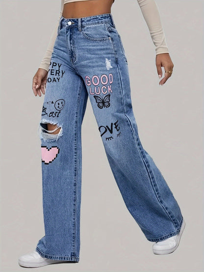 Dames Jeans met Grappige Hartjes en Kleurrijke Prints