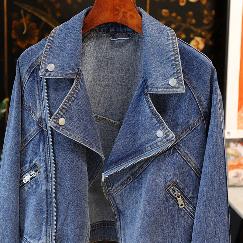 Dames Bikerjas Denim Streetwear Stijl Met Ritsen