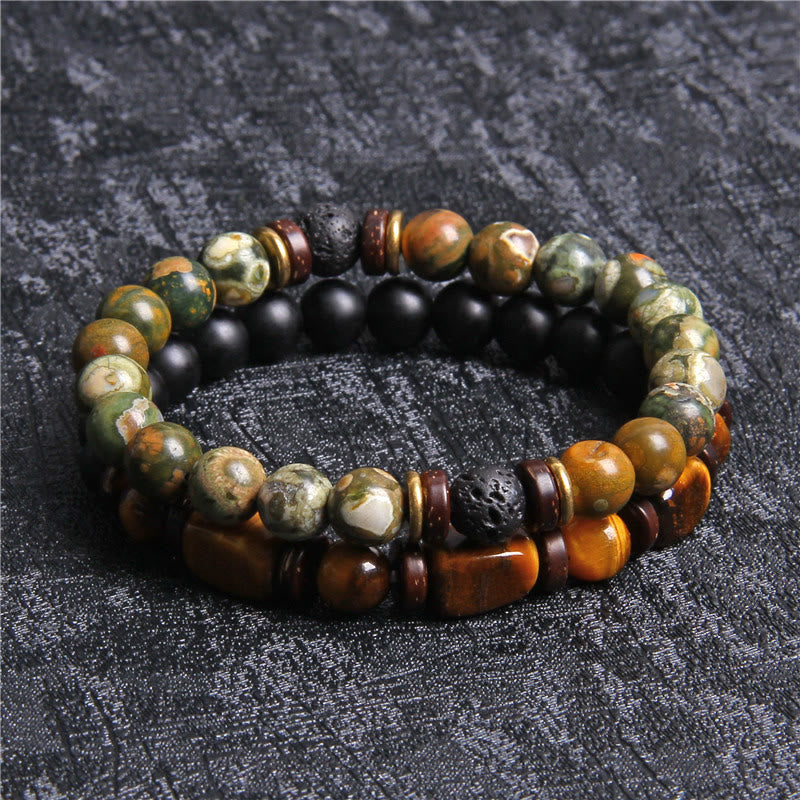 Turkoois Armband met Tijgeroog Edelsteen Zwart Lederen Band