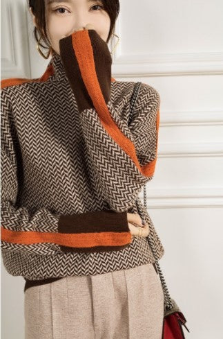 Dames Gebreide Coltrui met Contrast Strepen Elegante Stijl