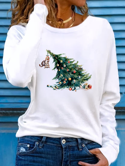 Kerst T-Shirt Lange Mouw Feestelijk Boom Print - Mode Vibes