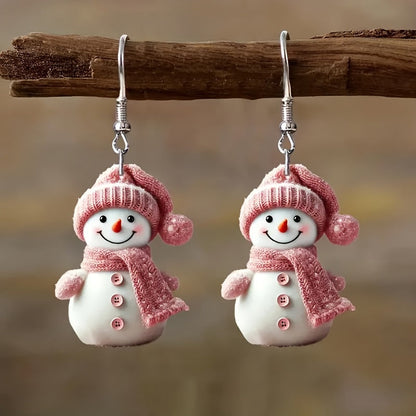 Kerst Oorbellen Sneeuwpop Roze Hoed en Sjaal - Mode Vibes