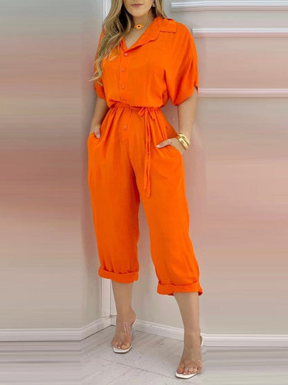 Oranje Jumpsuit voor Vrouw Met Korte Mouwen - Mode Vibes