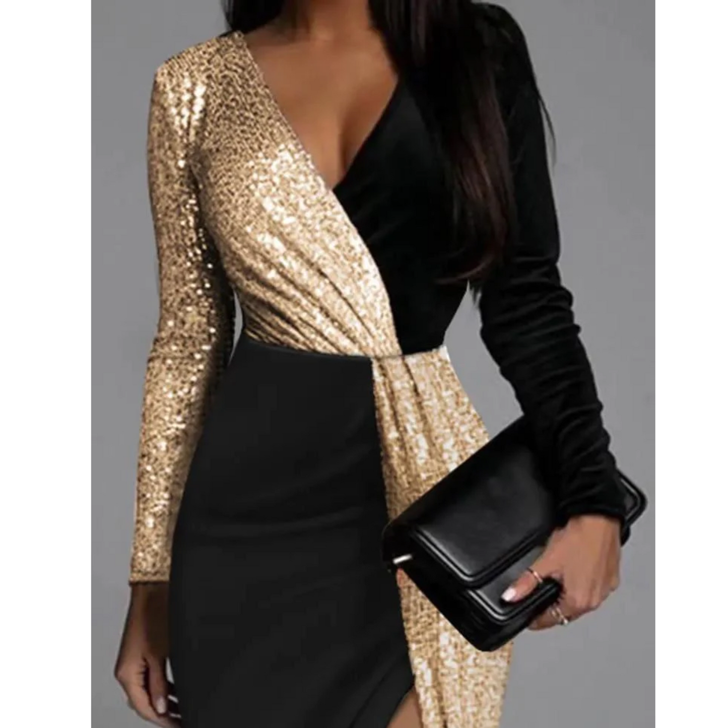 Gouden Glitter Jurk met Split en V-Hals - Mode Vibes
