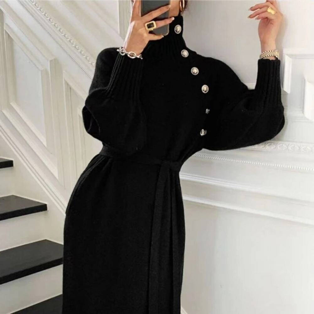 Eva | Luxe damesjurk in de kleur Zwart voor dames in stijl ideaal voor de herfst.