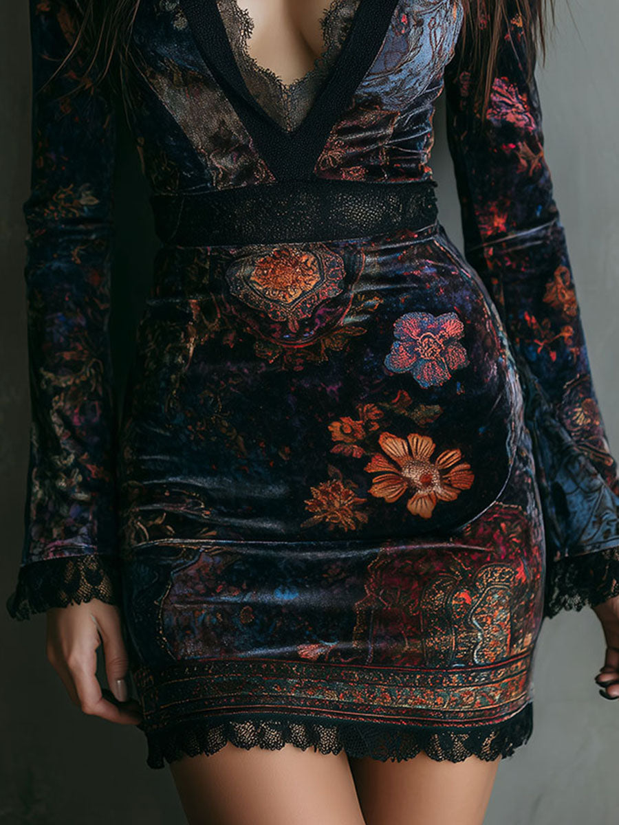 Lunara – Dames Fluwelen Mini Jurk met Bloemenprint, V-Hals en Kantdetails