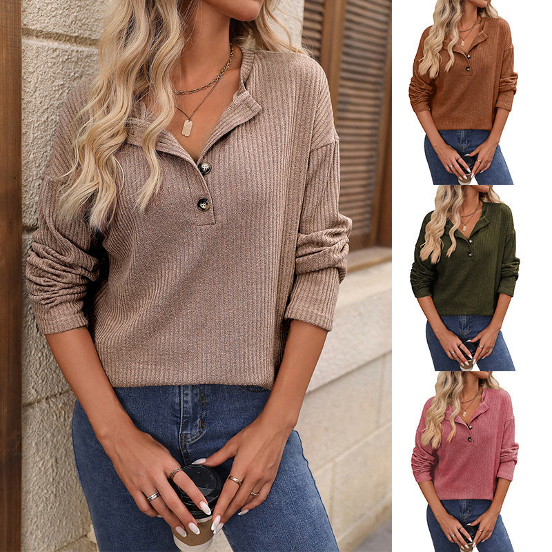Dames Top Geribd Lange Mouwen met Knopen - Basic Trendy