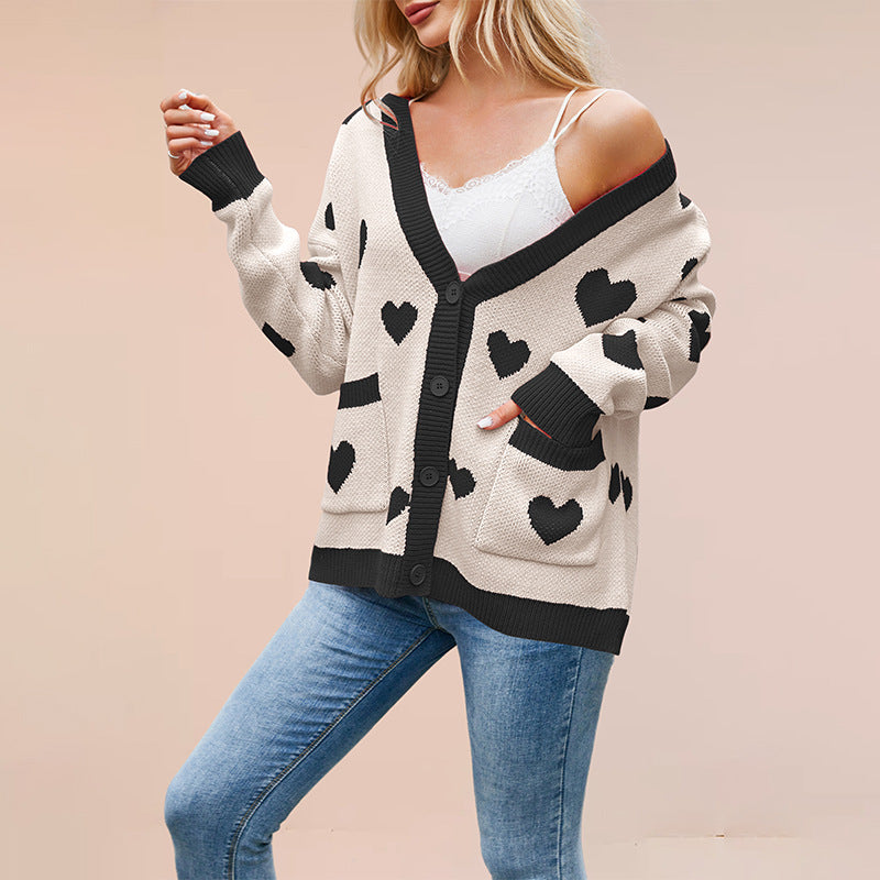 Dames Gebreide Vest met Hartjes en Contrasterend Detail