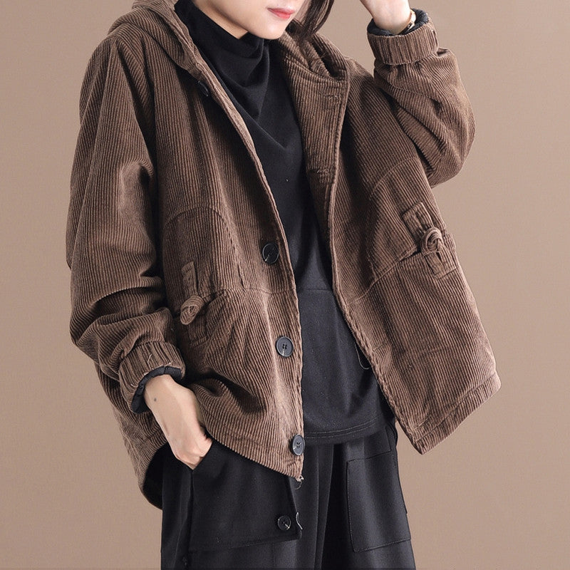 Dames Corduroy Jas met Capuchon Warm en Stijlvol