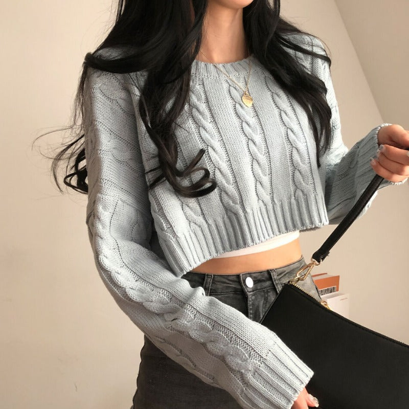 Dames Trui Cropped Kabelpatroon Ronde Hals Trendy