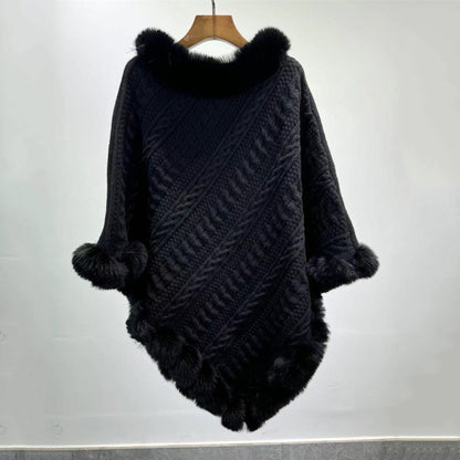 Dames Gebreide Sjaal Cape met Kunstbont Kraag