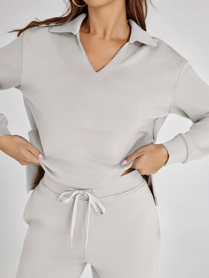 Dames Tweedelige Set met V-Hals Sweater en Wijde Broek – Comfort voor Herfst & Winter