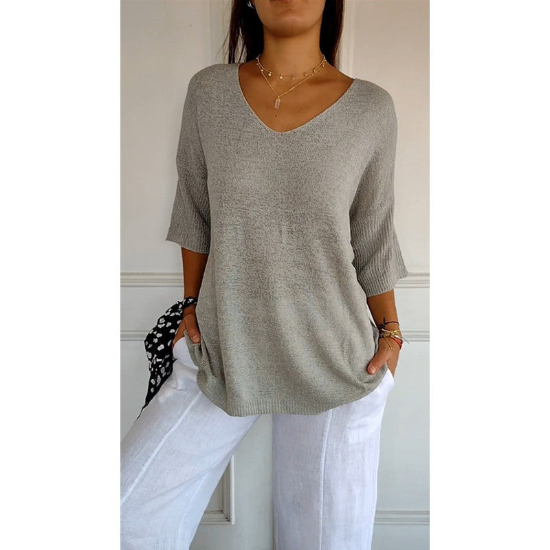 Dames Top Fijngebreide V-hals Driekwart Mouwen Casual Kleding