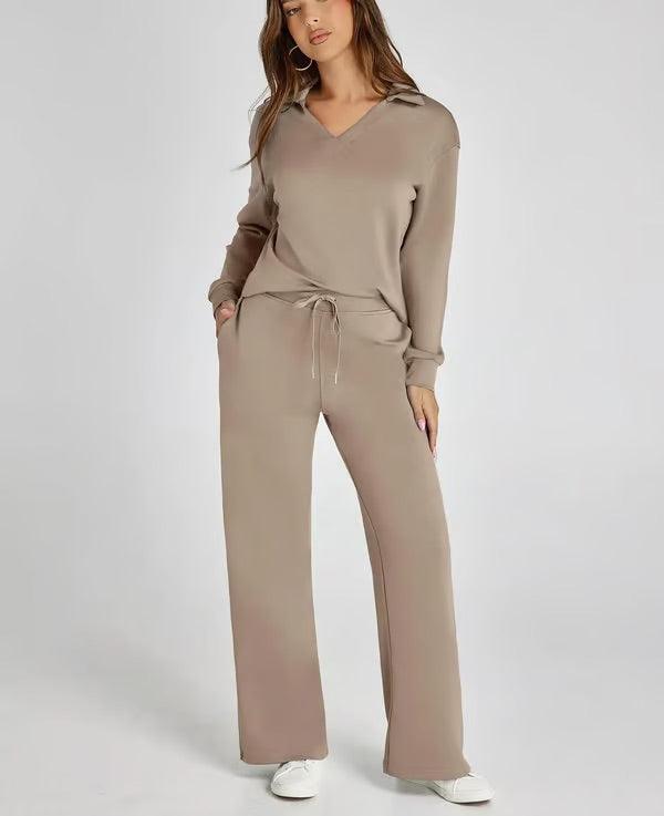 Dames Tweedelige Set met V-Hals Sweatshirt en Wijde Broek – Comfortabel & Stijlvol – Voor Herfst/Winter