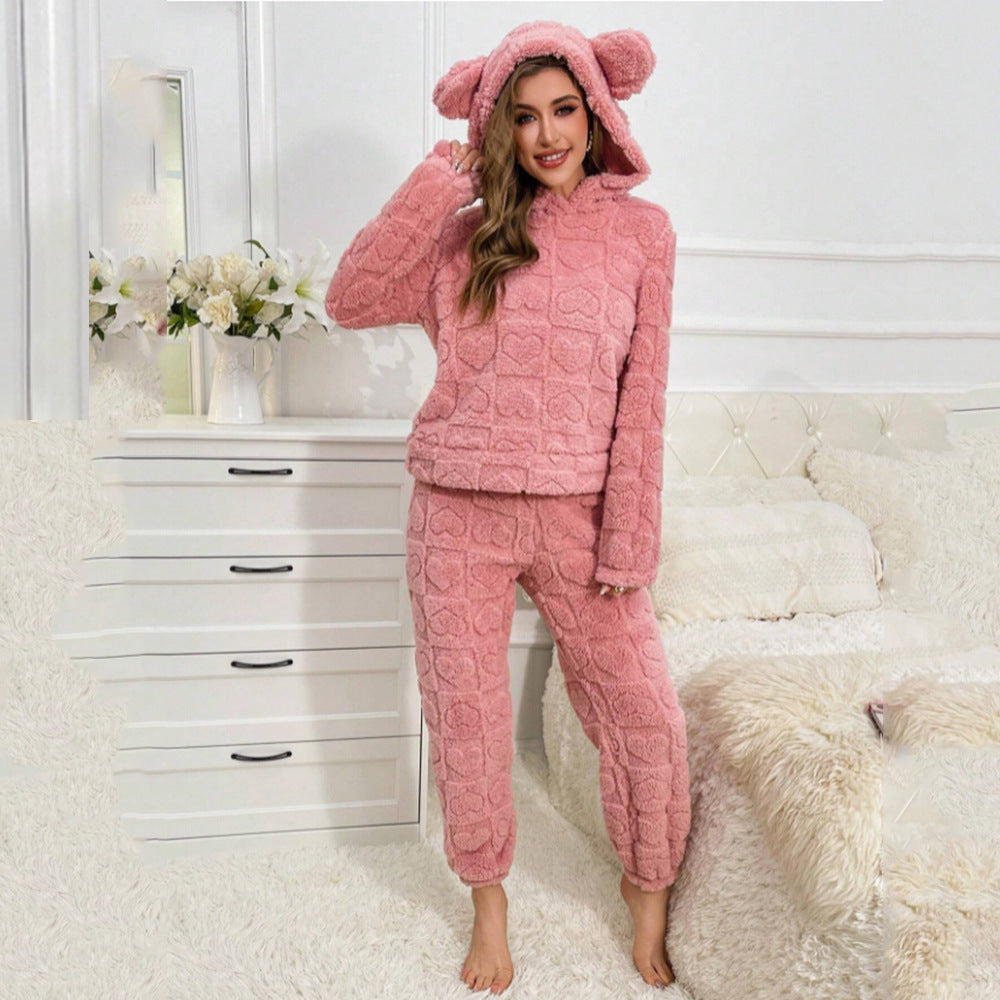 Dames Teddy Pyjama Set Zacht met Oortjes en Hartjes