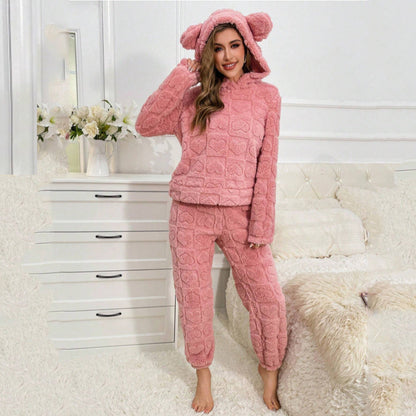 Dames Teddy Pyjama Set Zacht met Oortjes en Hartjes