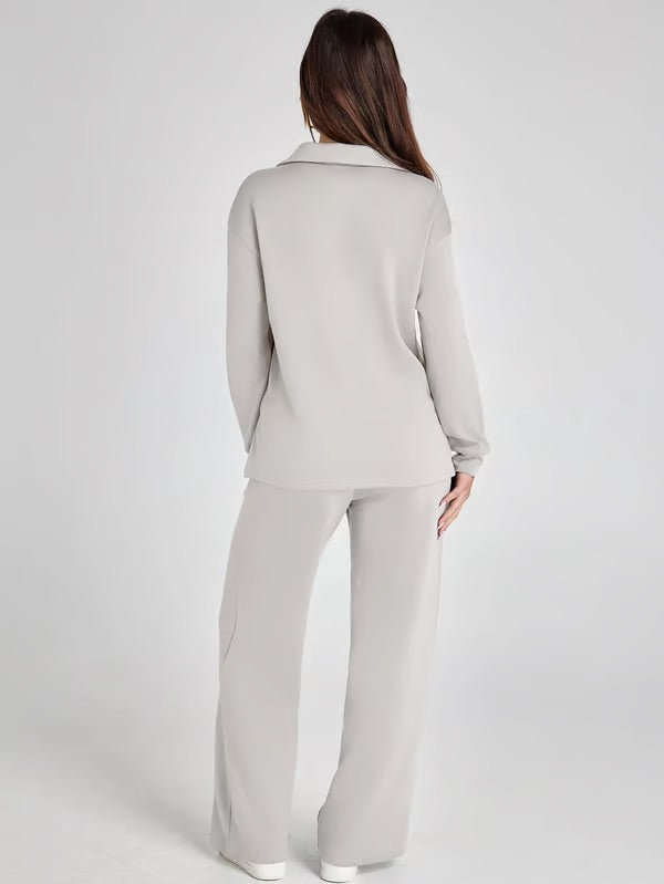 Dames Tweedelige Set met V-Hals Sweatshirt en Wijde Broek – Comfortabel & Stijlvol – Voor Herfst/Winter