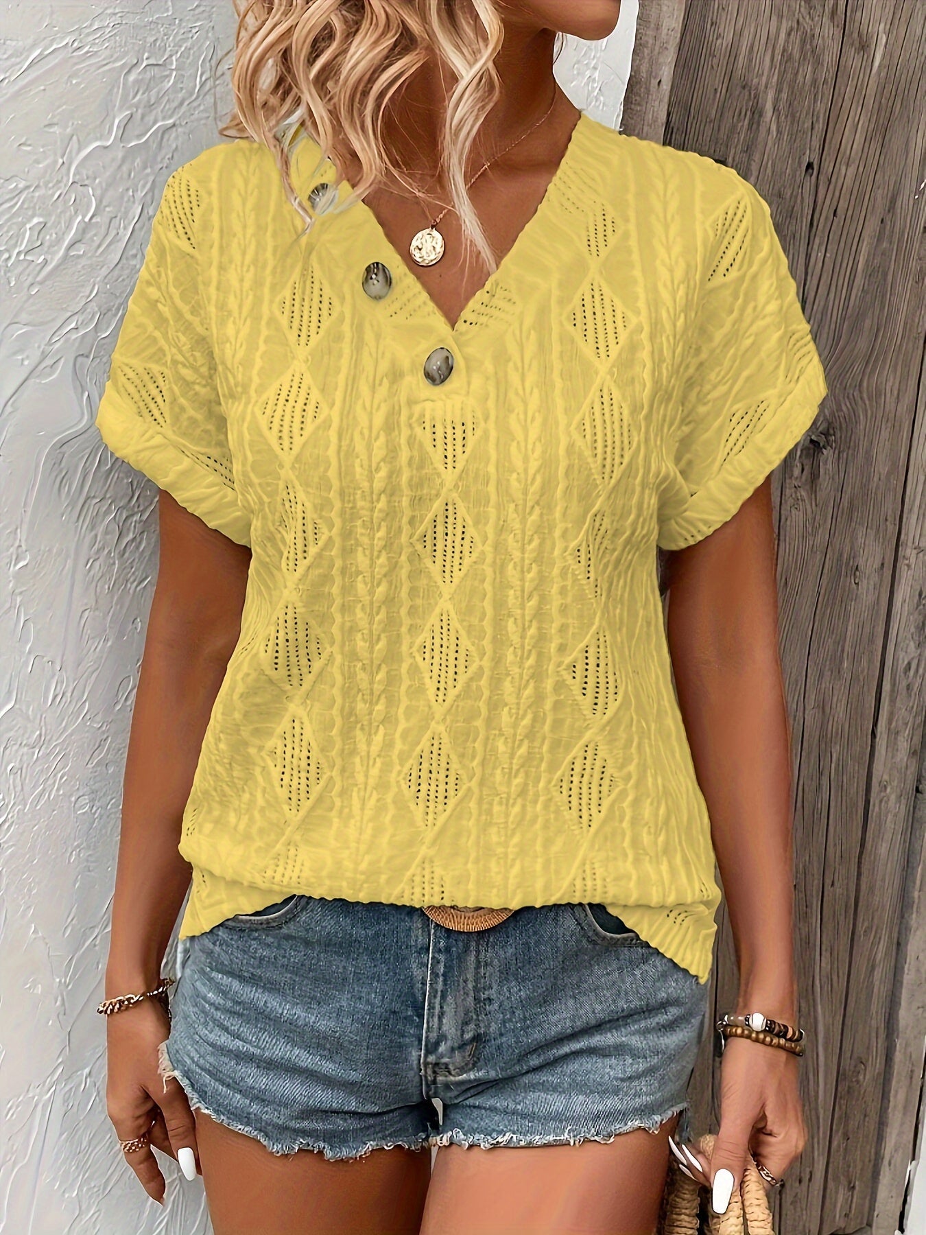 V-Hals Top Gebreid met Knoopjes Detail