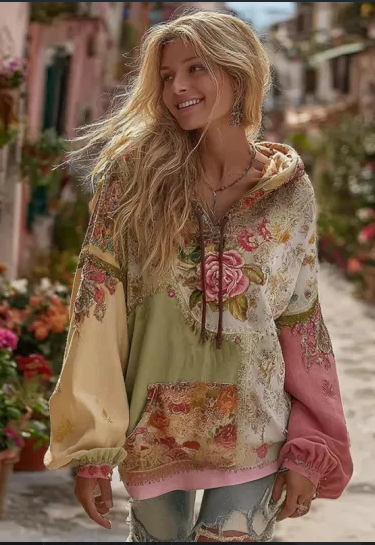 Dames Hoodie met Bloemen Print Vintage Stijl