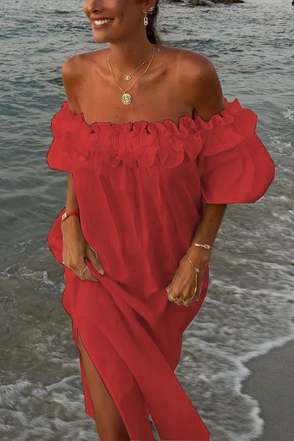 Mooie Jurk Off-the-shoulder Ruches en Pofmouwen Met Zakken