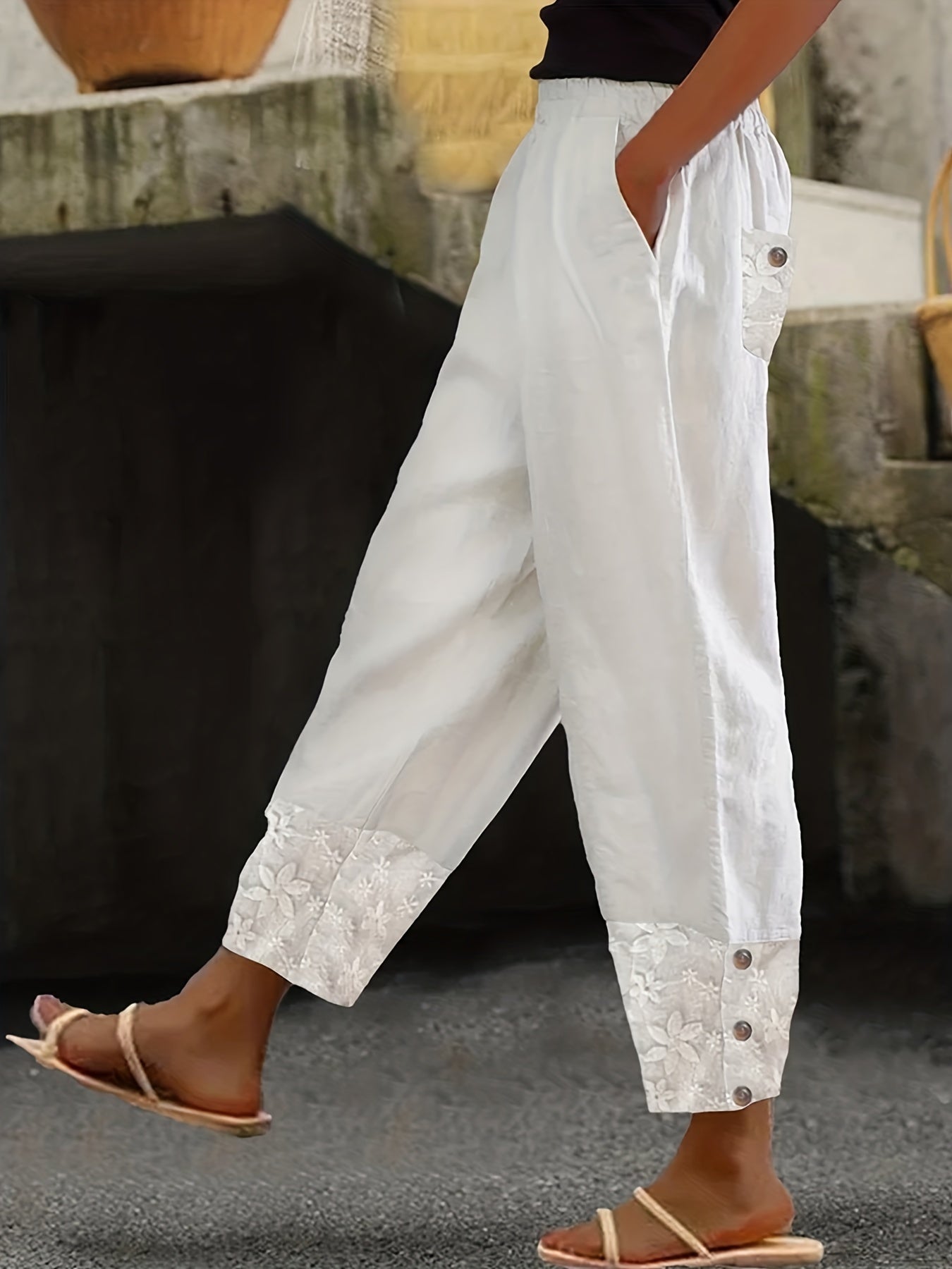 VELANORA- Kantdessin en Elastische Taille Broek