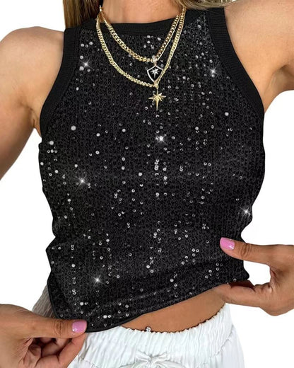 Dames Glamour Top met Pailletten en Effen Kanten Detail