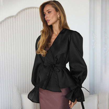 Dames Blouse met Strikceintuur en Wijde Mouwen Elegante Stijl - Mode Vibes