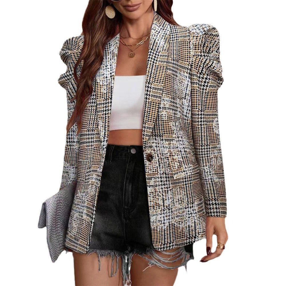Dames Blazer Geruit Stijlvol met Pofmouwen