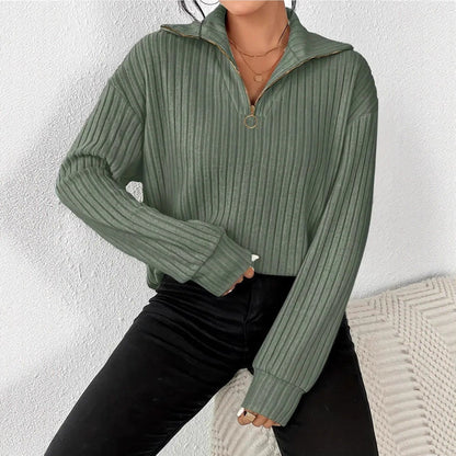 Dames Warme Rib Top met Lange Mouwen en Rits