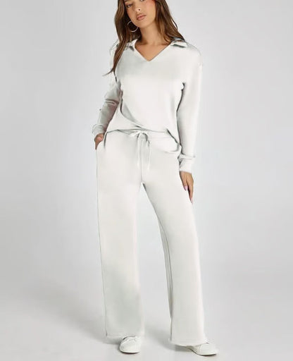 Dames Tweedelige Set met V-Hals Sweater en Wijde Broek – Comfort voor Herfst & Winter